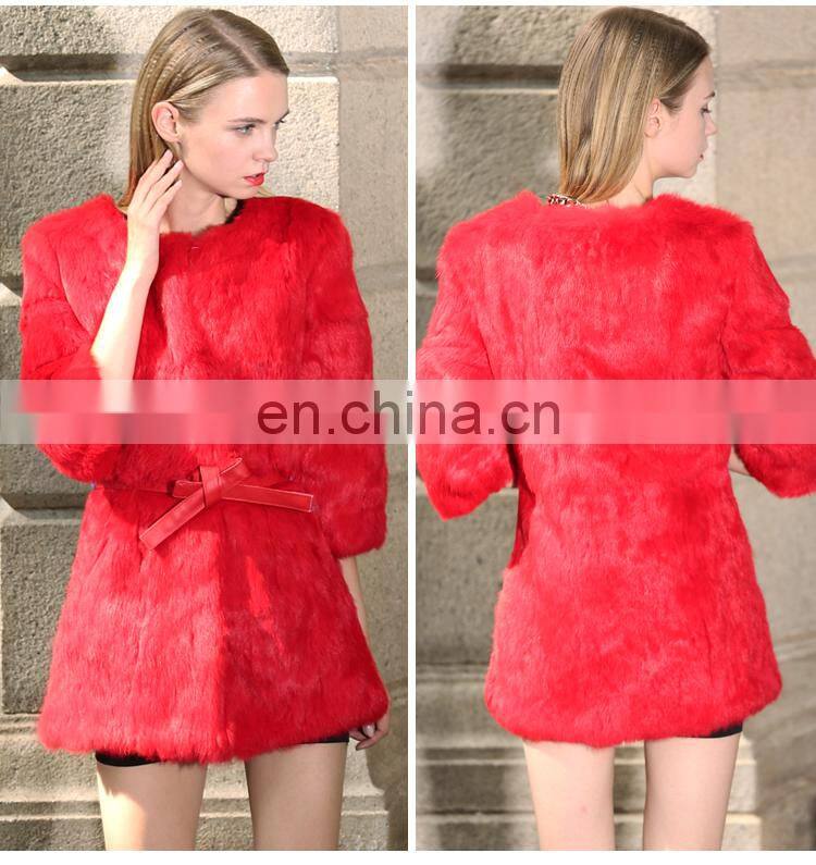 European style three quarter sleeve real fur coats ladies rabbit fur coat