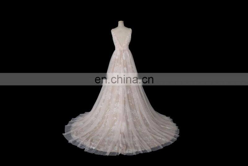 Tiamero peach color party wine deep V backless wedding gowns evening dress ball