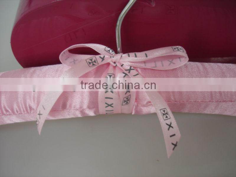 Branded pink fabric hangers with custom logo printed satin hanger