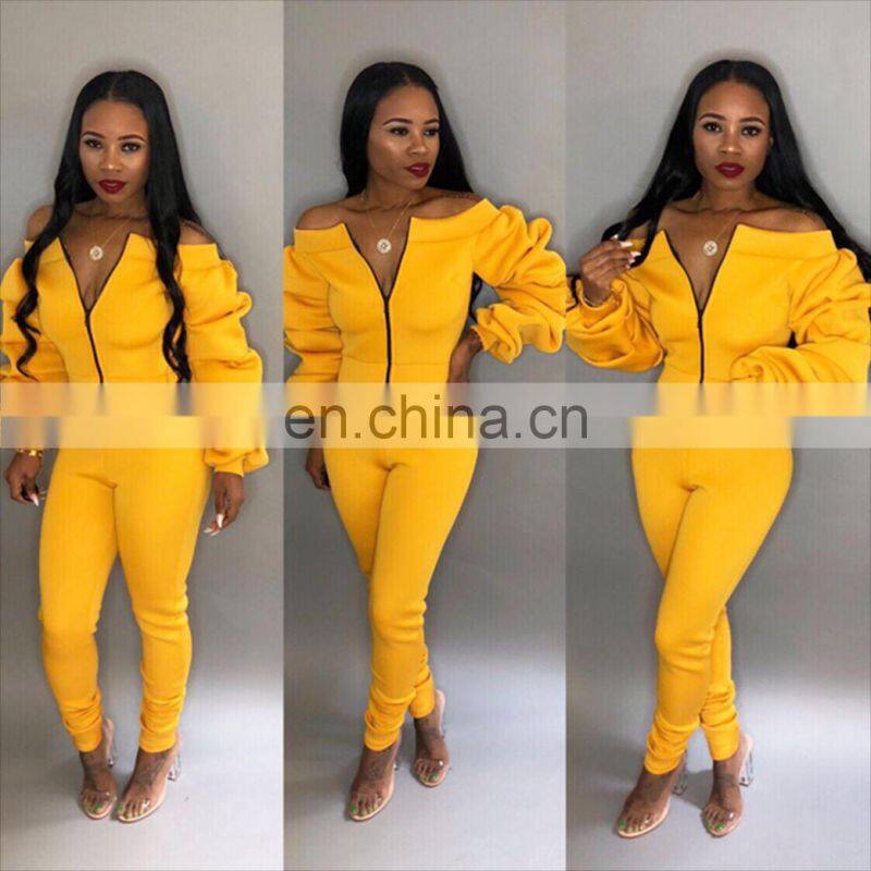 Clothing wholesale custom fashion trend strapless sexy jumpsuit zipper puff sleeve trousers plus size women's clothing