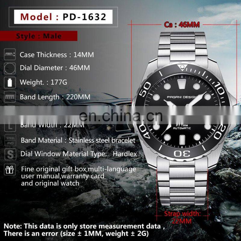 PAGANI DESIGN 1632 Men's Mechanical Fashion Luxury Brand Automatic Self-Wind Stainless Steel Wrist Watch