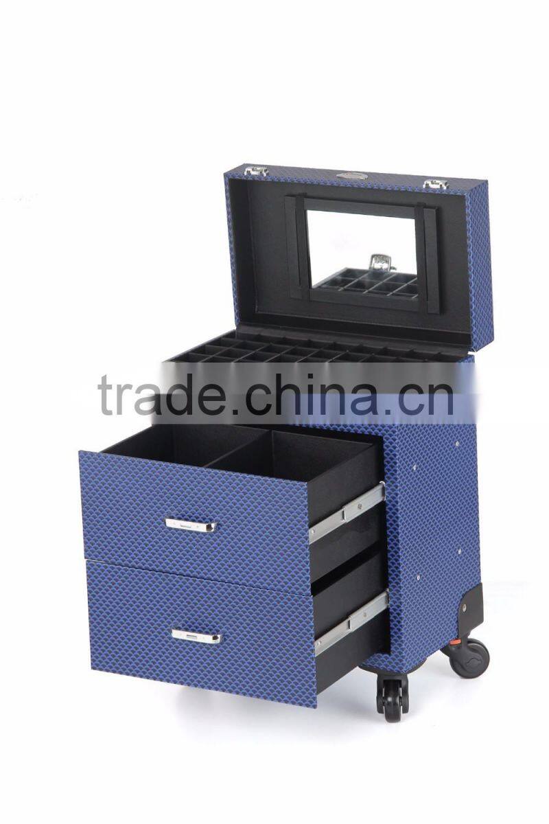 Blue fashion design PVC Trolley makeup case with mirror