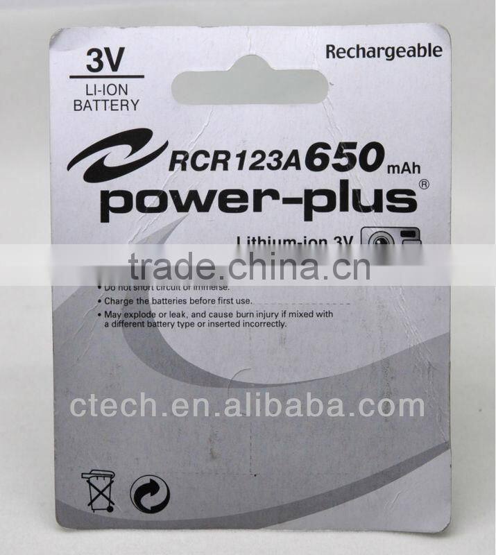 lithium ion rechargeable RCR123A 600mAh battery RCR123A