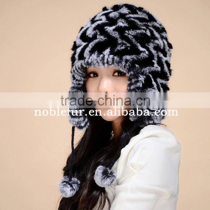 excellent quality colorful rabbit fur thread earflap hat with long string flower ball