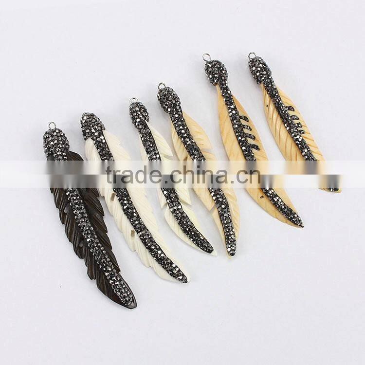 PC1603 Carved Ox Bone Leaf Feather Pendant with Crystal Zircon Pave, Long Textured Feather Necklace Pendant