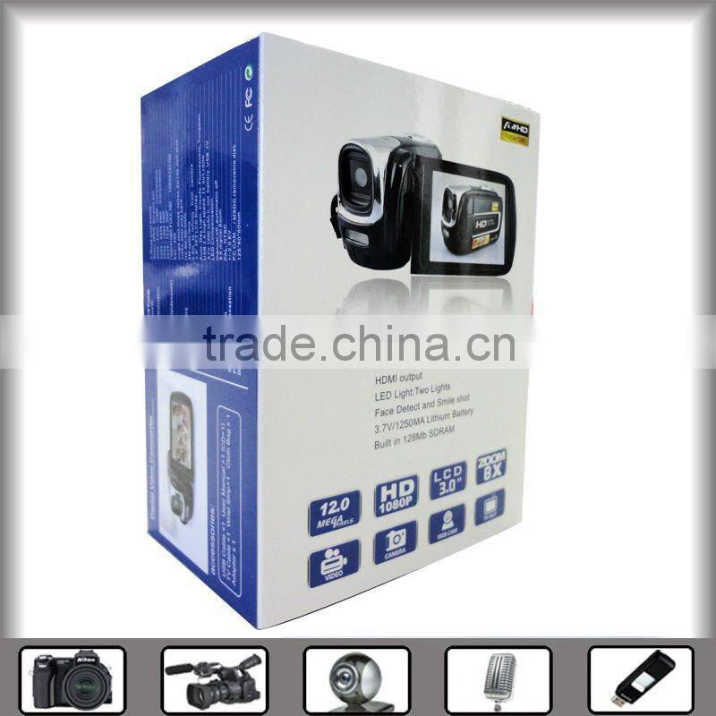 hd digital camera video camcorder 12mp with 3.0" TFT LCD can revolve angle of 270 degrees, USB2.0, flash light