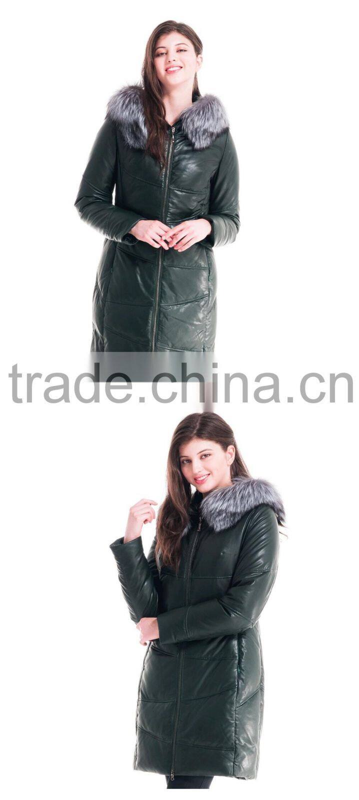 Winter Women Medium Length Slim Fit Leather Coat With Silver fox Hat Overcoat