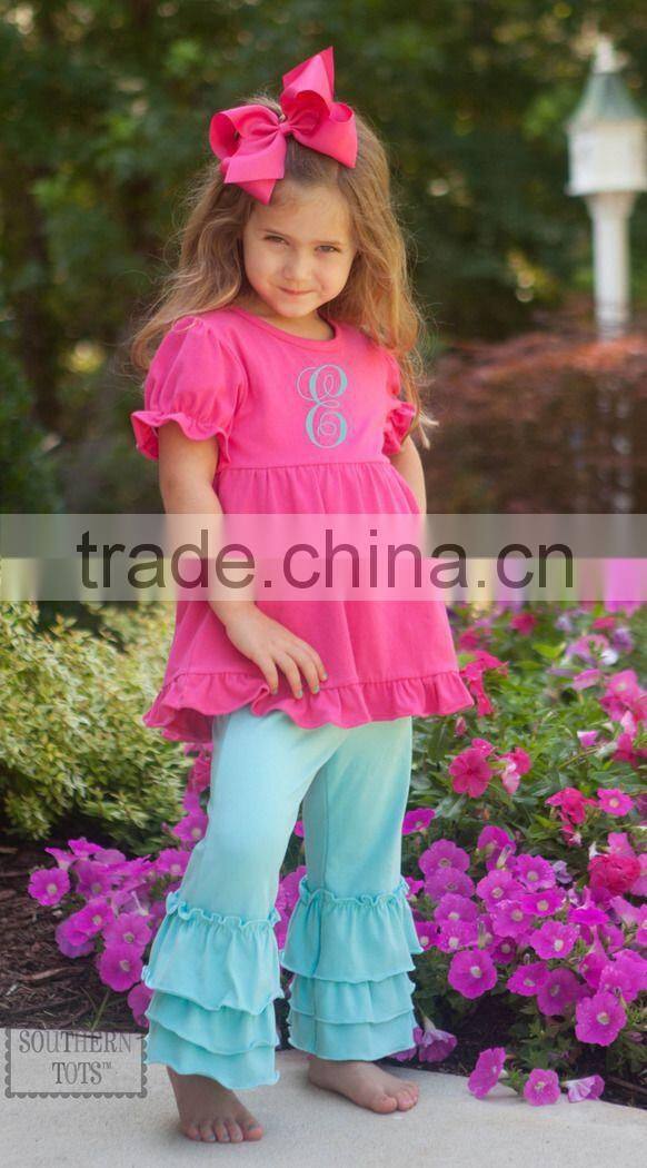 Top and pants ruffle outfit for kids red cotton ruffle top for children New Design