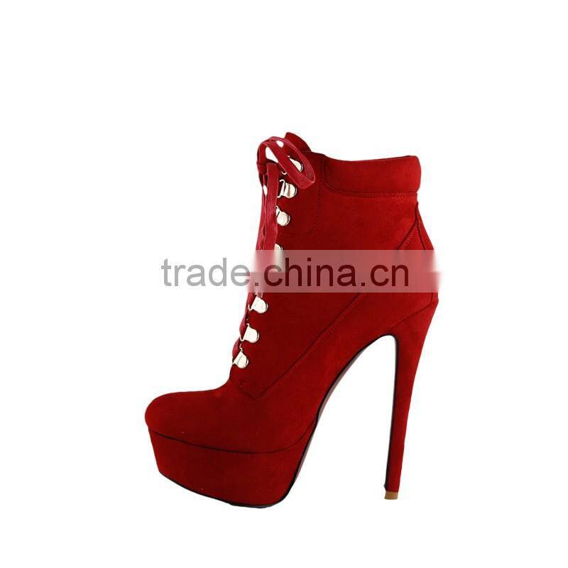 OlzB04 round toe platteau lace up 14 cm high heel suede leather red outsole ankle boots