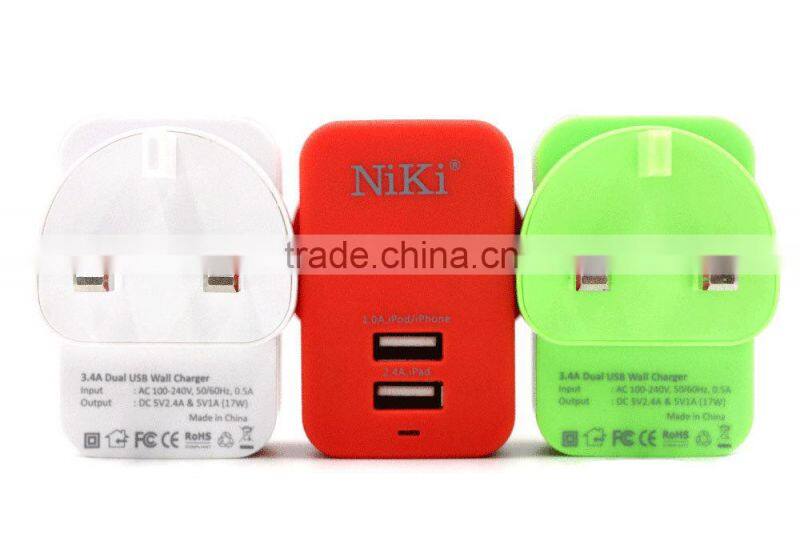 UK standard 5V 3.4A universal dual usb wall charger for home and travel charger