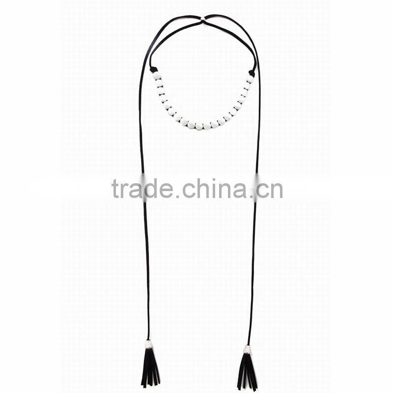 Fashion Changeable Alloy Circle Beads Charms Ornament Black Leather Long Tassel Bolo Tie Necklaces For Women Sweater Decoration