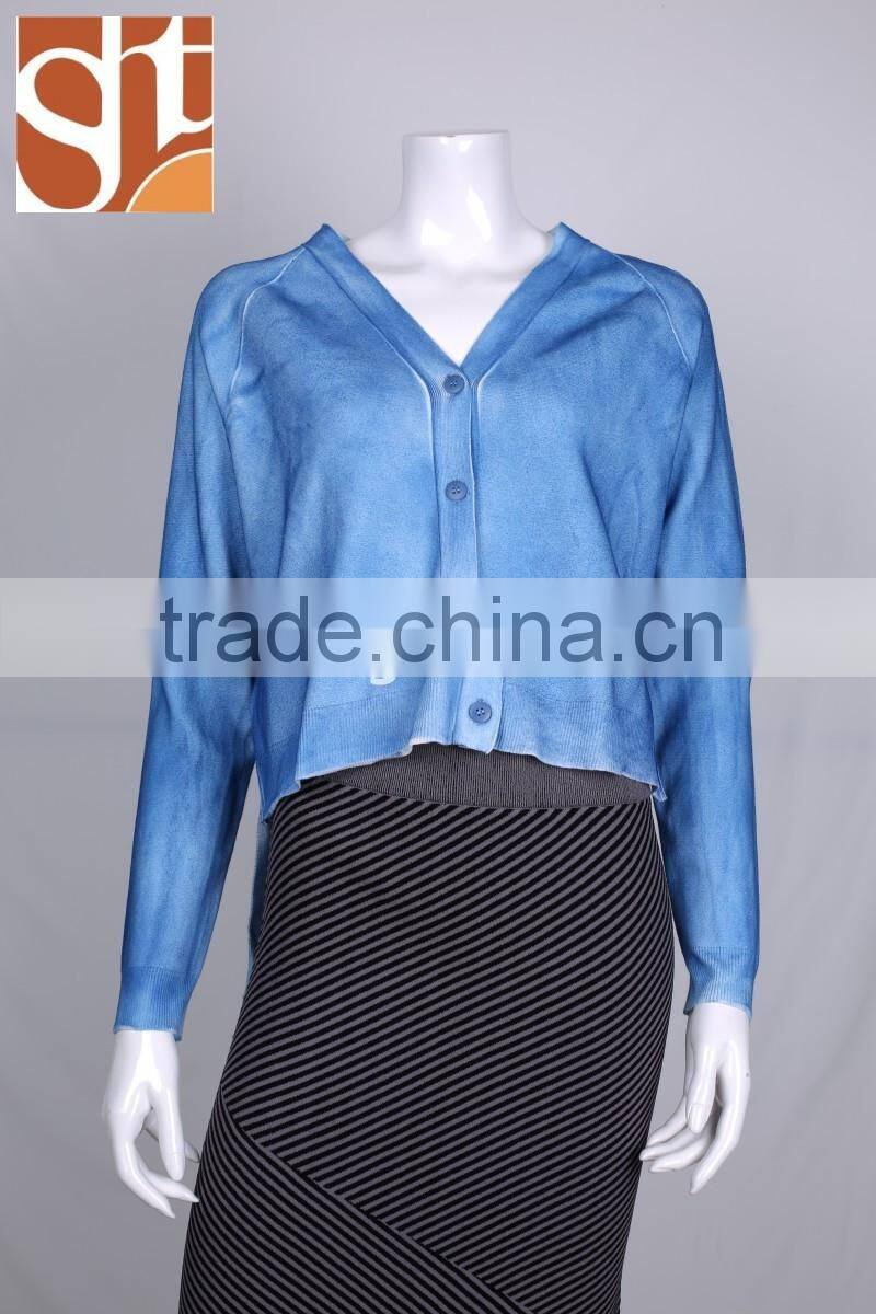 Famous products womens' V neck long sleeve cardigan cotton knitted sweater with button &spray print