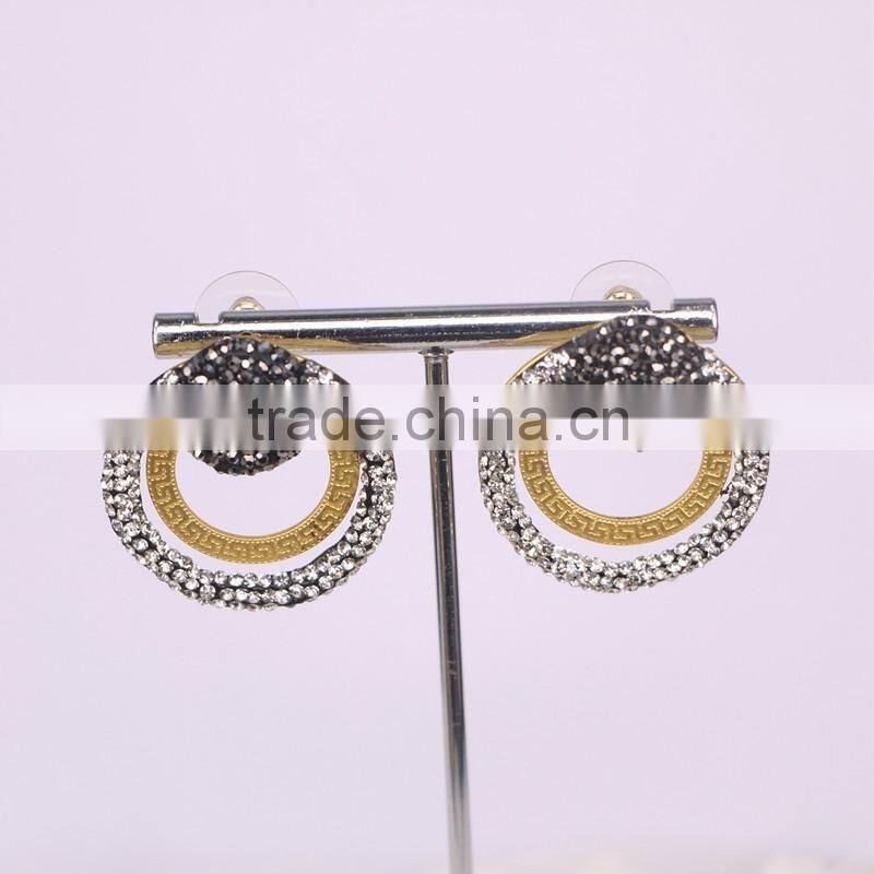 Metal Alloy Plated Gold Earrings, Circle shape Pave Crystal Jewelry Stud Earrings