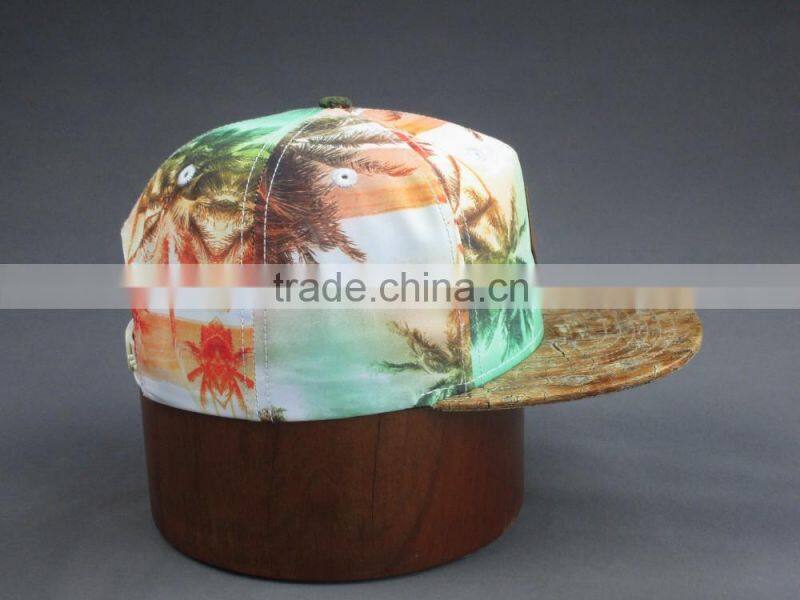 Heat transfer print 5-panel snapback cap with PU label