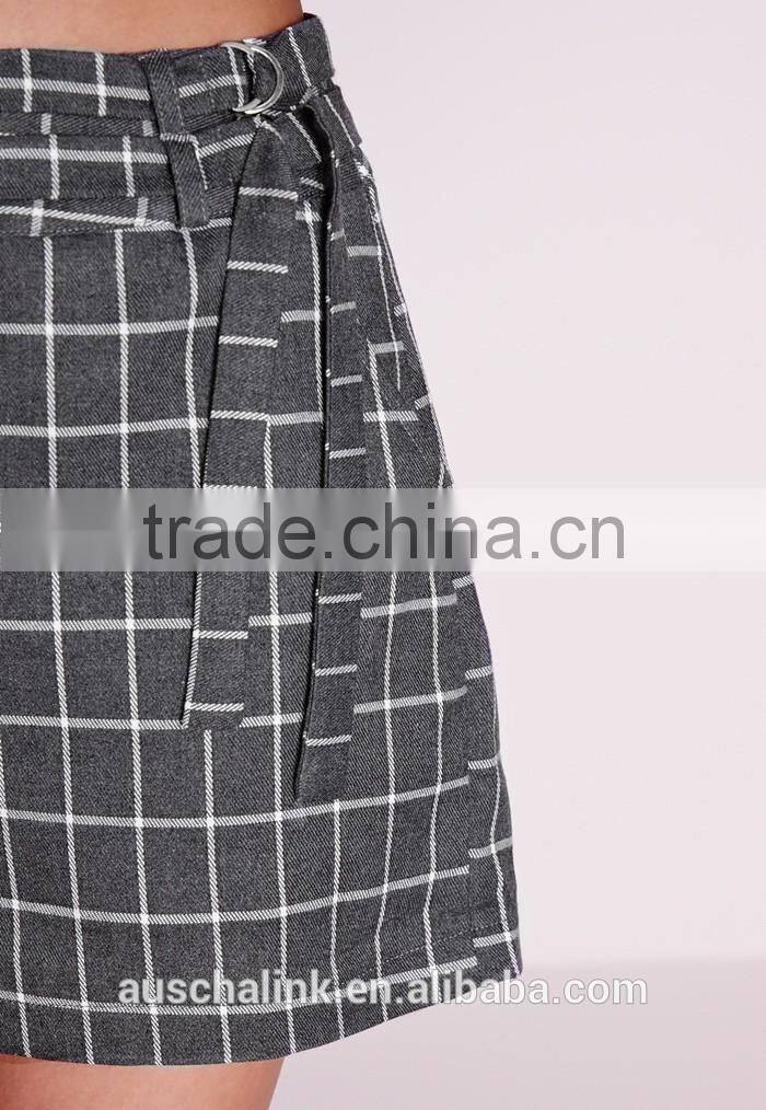 summer fashion grey double belted check cheap shorts OEM service