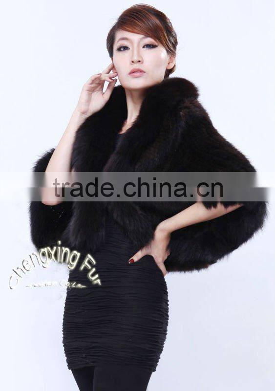 CX-B-M-41C Mink Fur Knitted Ladies Shawl With Fox Fur Trim