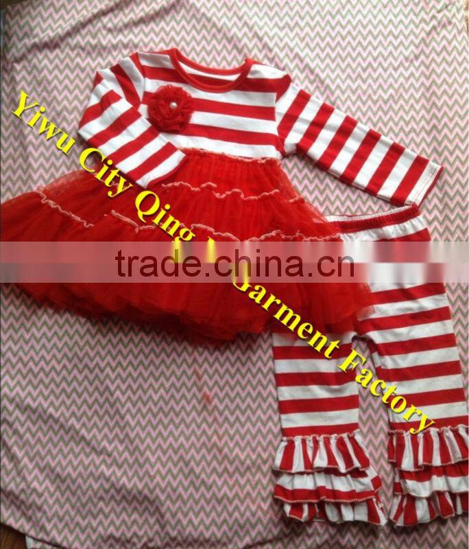 Hot Sale Children's Christmas Clothing Boutique Toddler Girls Red Long Sleeves Shirt with Stripe Ruffled Pant Outfit Sets