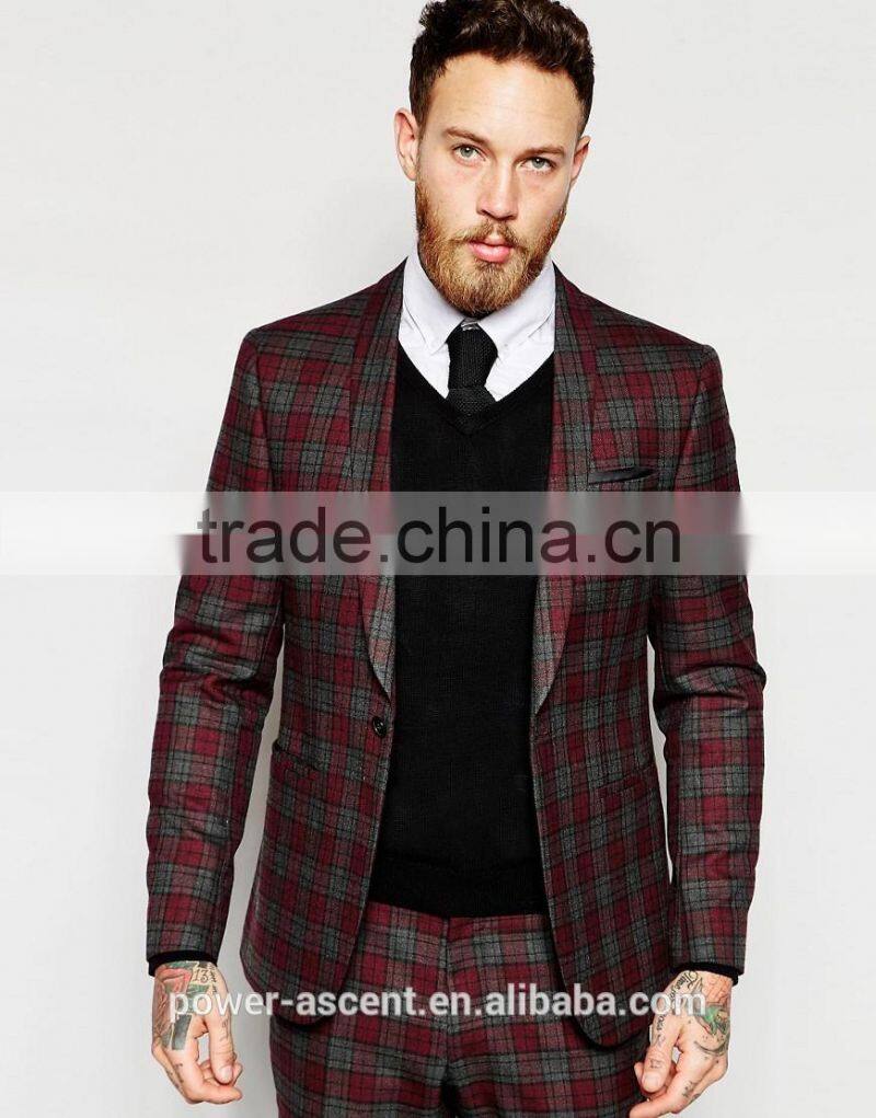 2016 men's red tartan check slim fit suit jacket