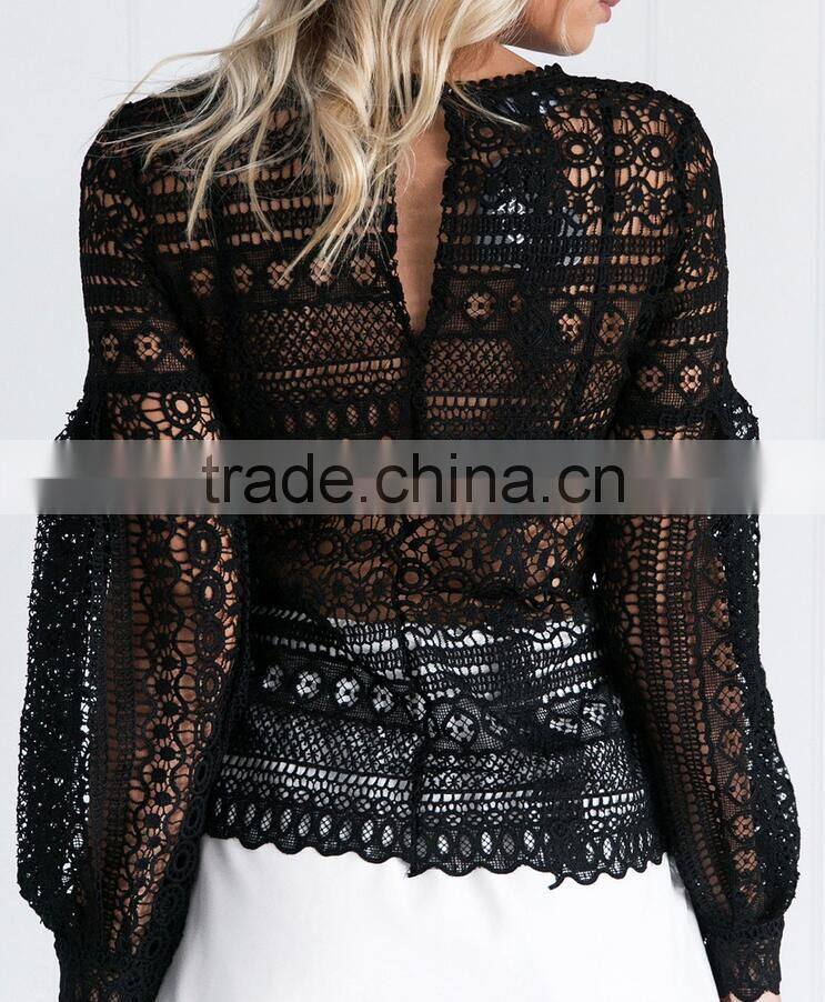 Runwaylover 118 Ladies 2017 Fashion Puff Sleeve Lace Transparent Blouse