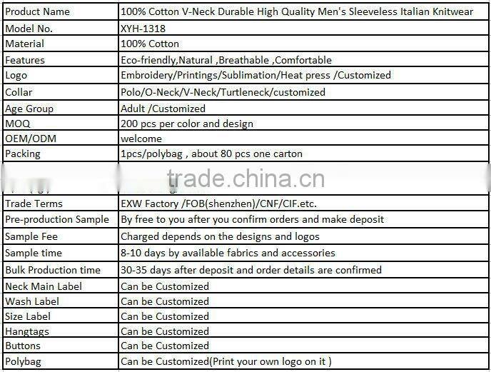 100% Cotton V-Neck Durable High Quality Men's Sleeveless Italian Knitwear