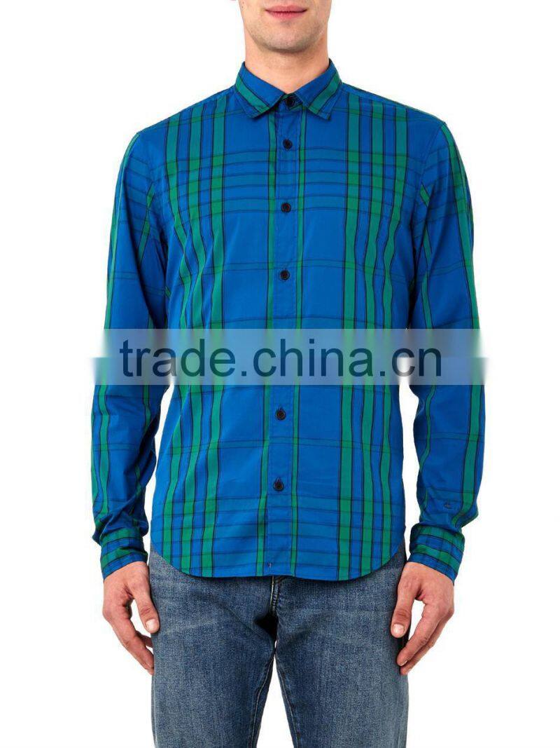 Royal-blue, green and navy graphic check-printing cotton-blend t shirt