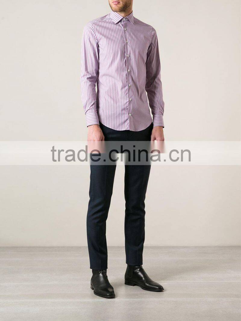 Pink cotton vertical stripes long sleeve men's classic shirt