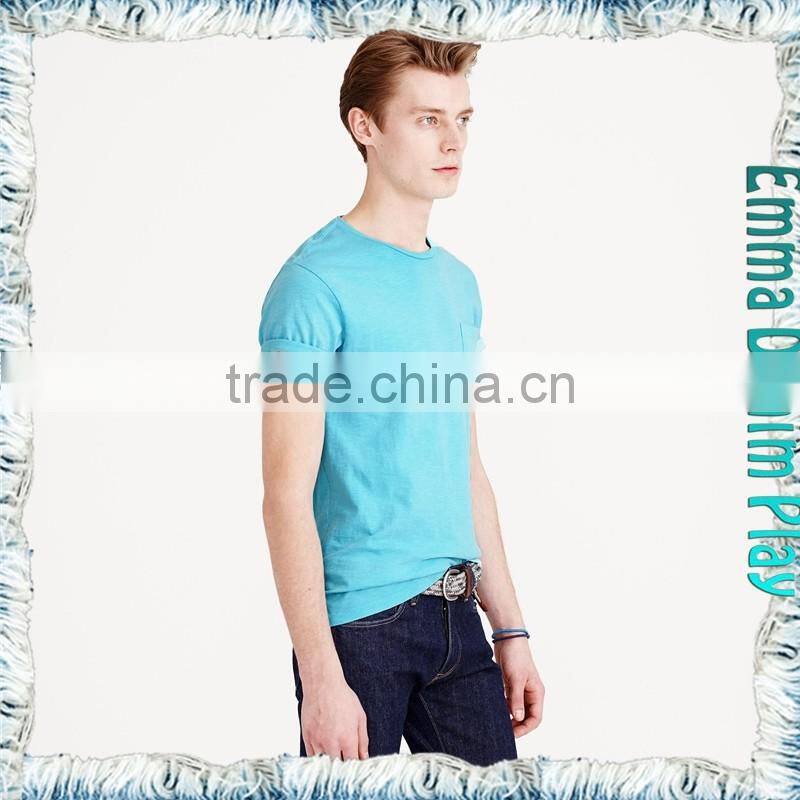 2017 Blue Single Chest Pocket O Neck T Shirts for Men
