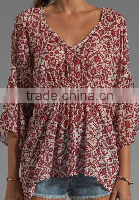 embroidered ruching detail flared sleeves blouse