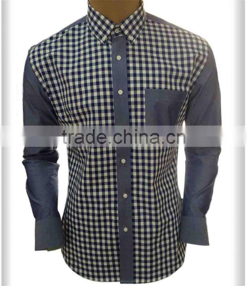 2017 latest design men' plaid cotton shirt with contrast color on placket