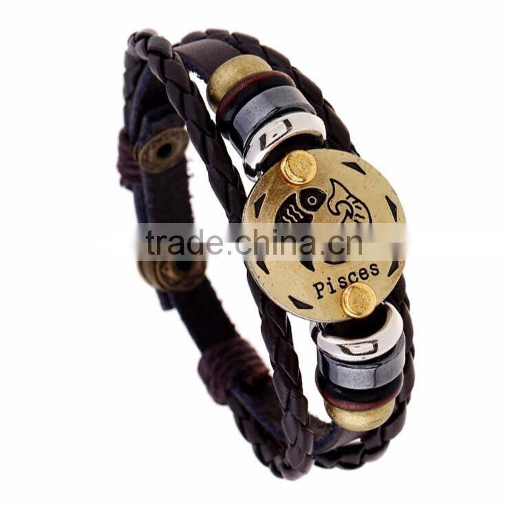 Retro 12 Zodiac Womens Mens Genuine Real Braid Faux Leather Bracelet Bangle Cuff Wristband Handmade Jewlery