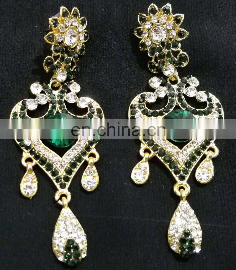 Innovative Designer Gold Plated Bollywood Style Kundan Earrings Set In dark Green Color