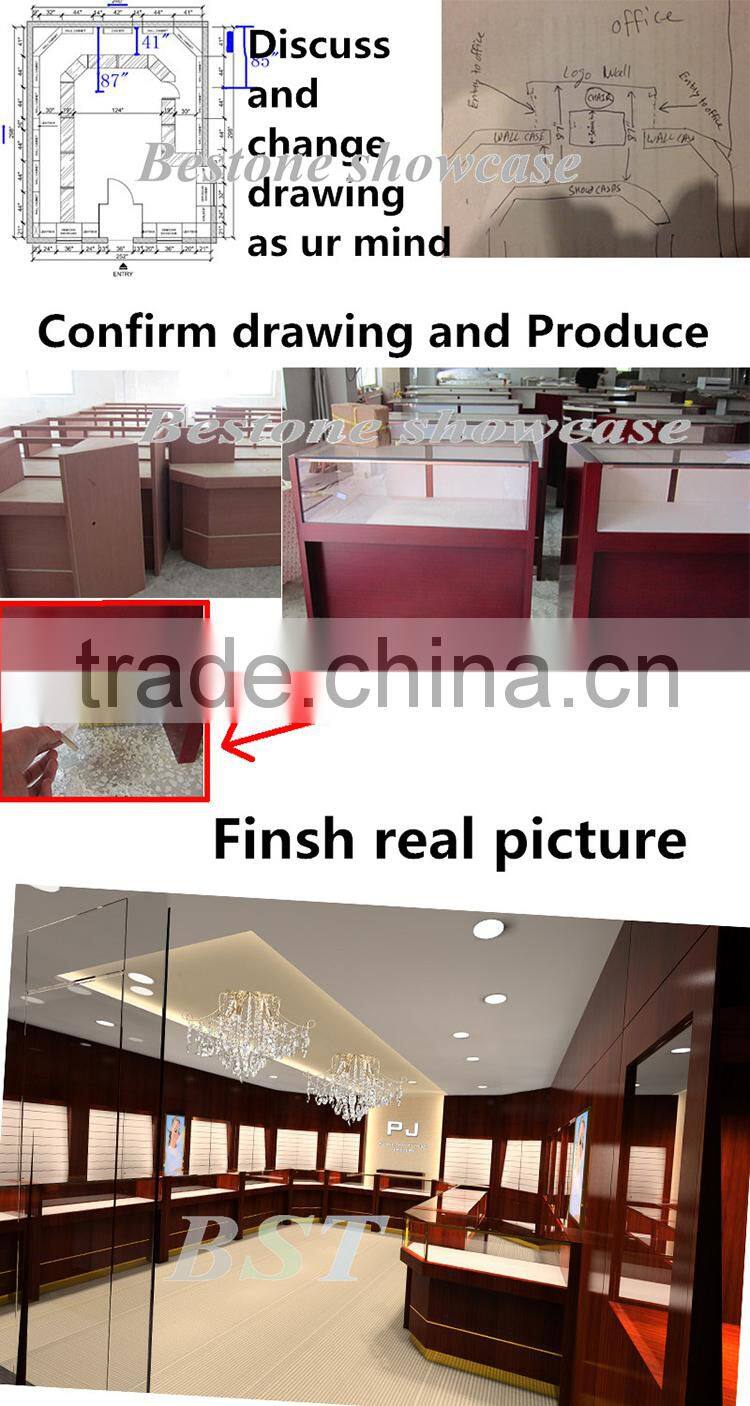 Retail store wooden furniture for kiosk, tempered glass showcase kiosk