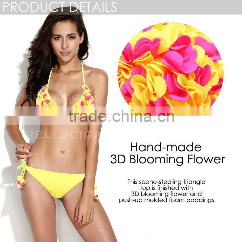 RELLECIGA 2016 Marianne Collection - Yellow &Pink3DBlooming Flower Triangle Top Bikini Set with Moderate Push-up Molded Cups