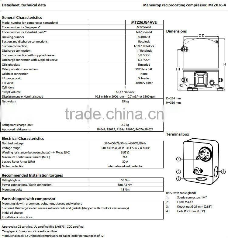 (MTZ036-4)High Quality Maneurop Reciprocating Piston Compressors MTZ Series