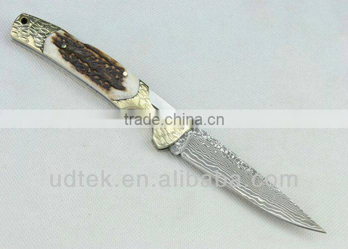 Antler + Brass Handle OEM Damascus Steel Folding Knife Collection Knife Hand Tool UDTEK01304