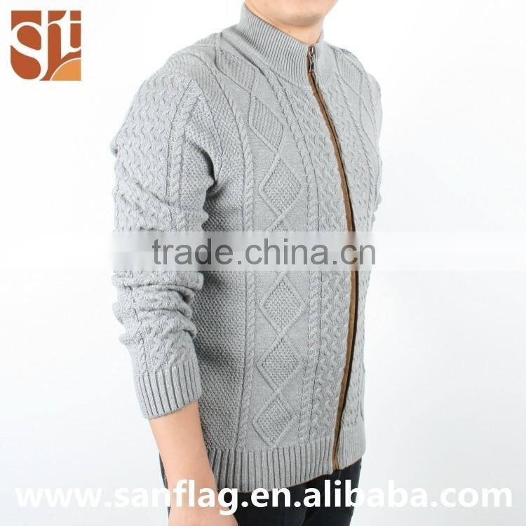2016 new style men high neck cardigan with zip custom cotton pattern cable knit sweater made in china
