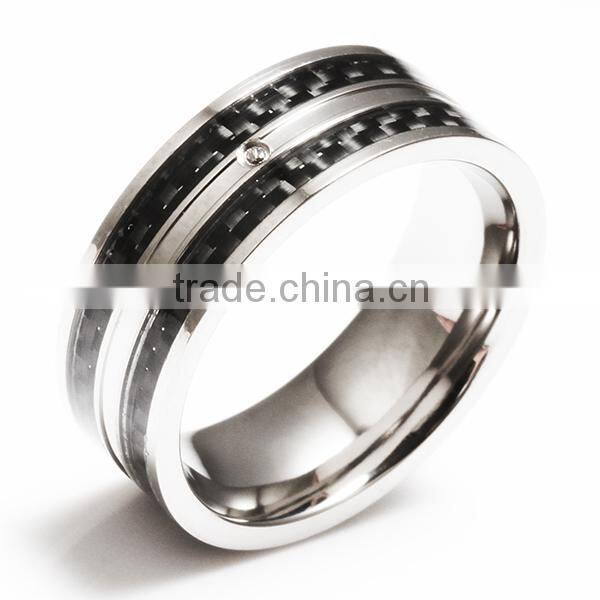 2 Stripe Black Carbon Fiber Inlay Ring with 1 Clear CZ (8mm) R2607P