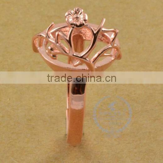 14mm 925 sterling silver rose gold flower branch round bezel ring base blank supplies DIY findings 1216002