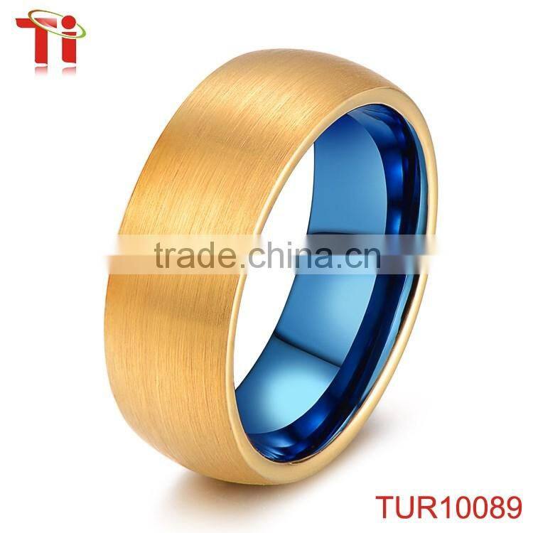 two-tone tungsten ring, gold and blue tungsten wedding band ring