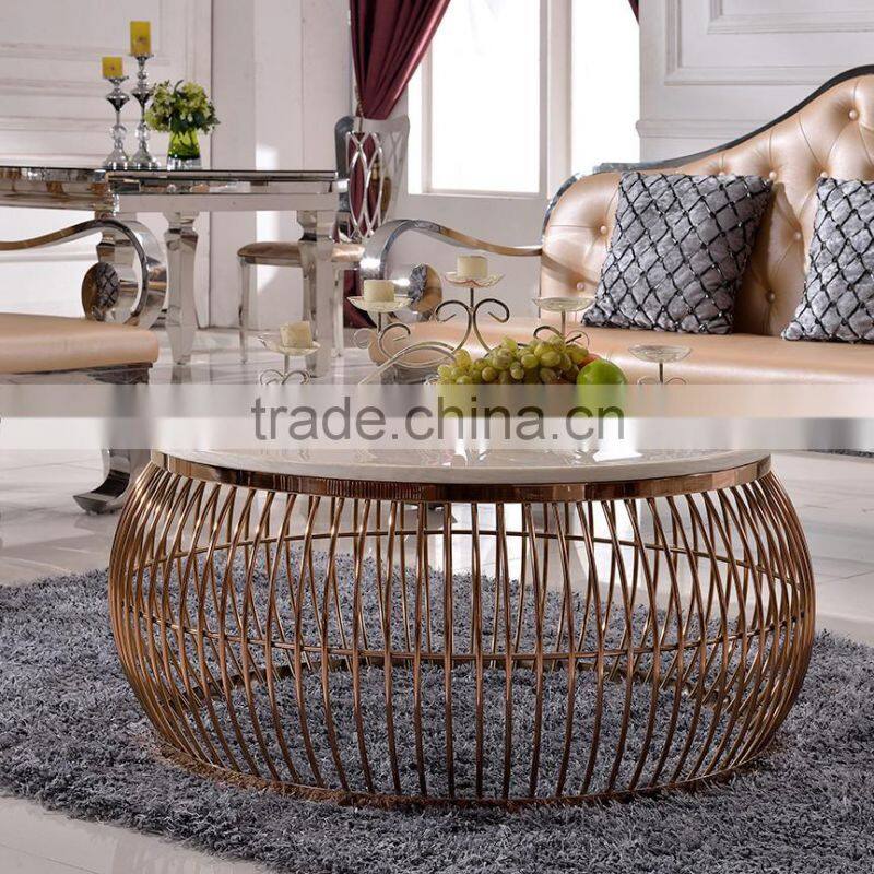 C389-1 Marble Top Gold Stainless Steel Round Coffee Table