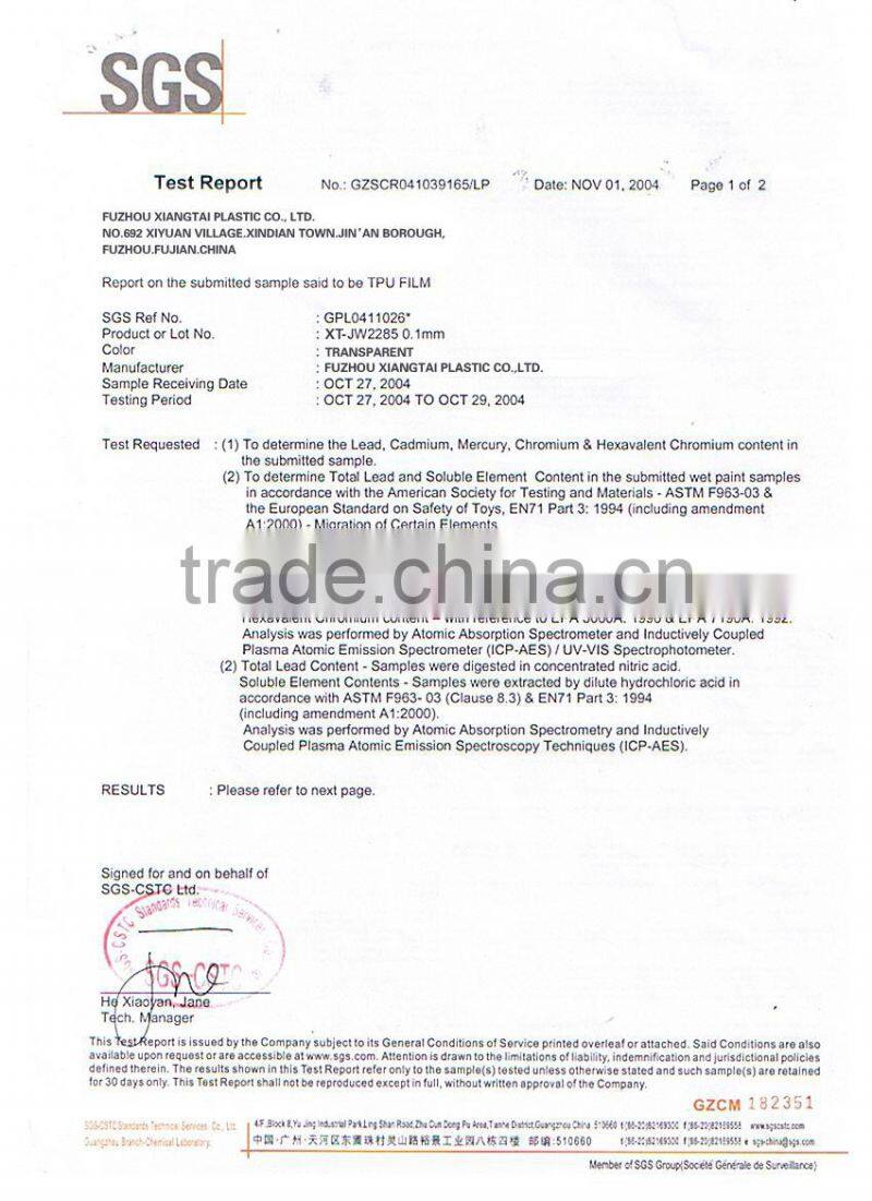 100% tpu waterproof membrane for raincoat/fabric lamination