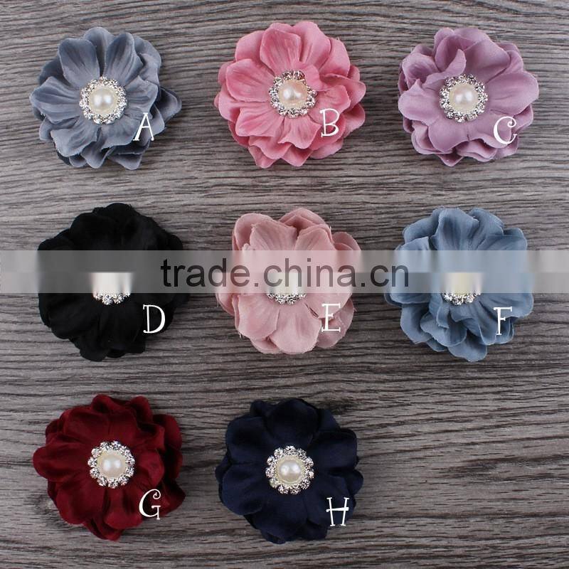 fabric flower with pearl rhinestone center for kids hair accessories