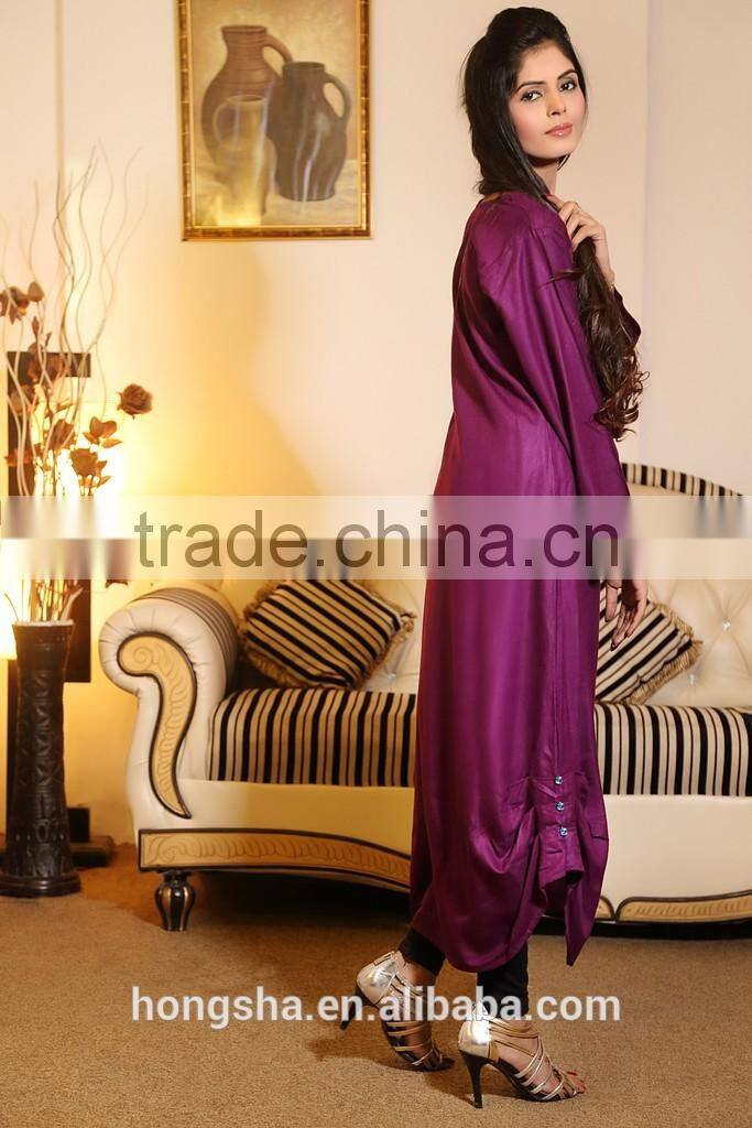 Pakistani Purple Kurti With Front Neck Diamante Buttons Designs HSd7078