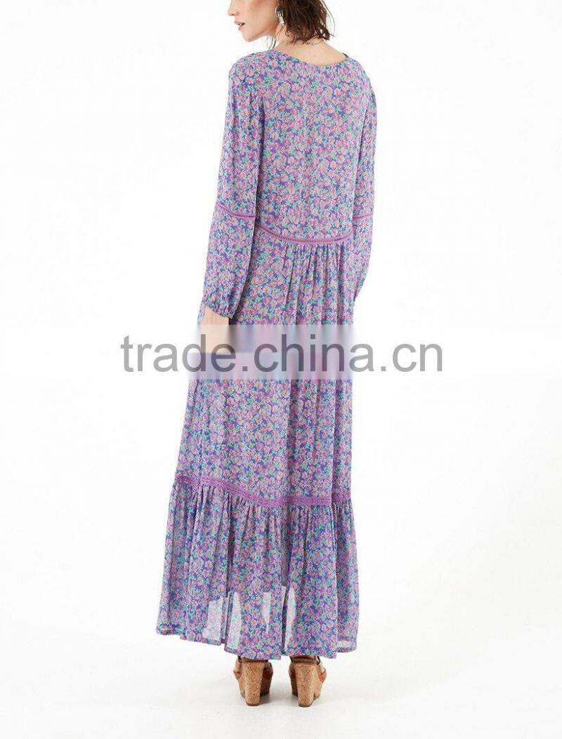 New Style Long Sleeve Chiffon Flirty V Neck Frock Design Maxi Dress Sexy Necked Women Picture HSd5175