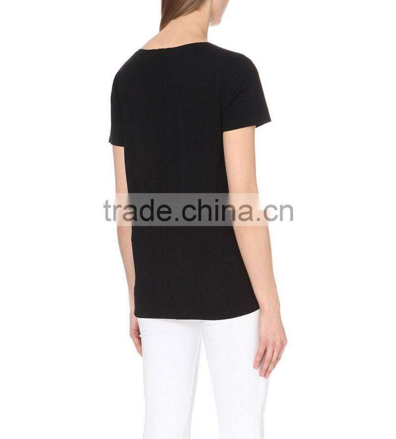 Wholesale Women Black Short Sleeve V-neck Marl Finish Cotton Jersey T-shirt(DQE0157T)