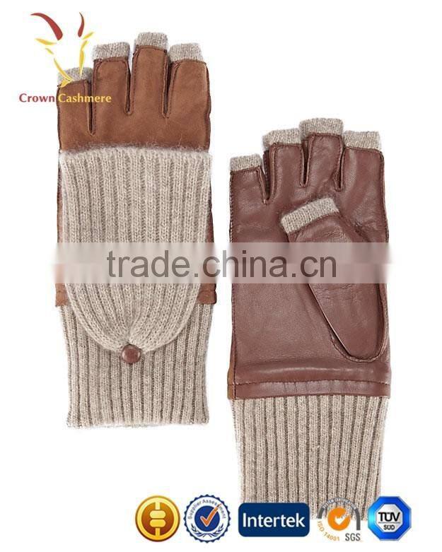 Warm Half Finger Leather Mittens Ladies Cashmere Gloves