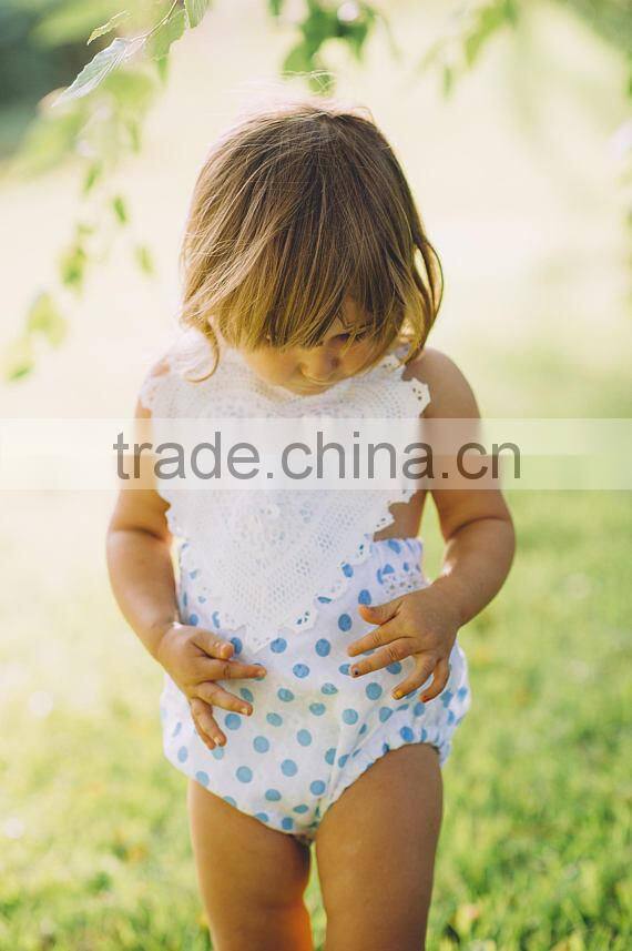 White & Blue Polka Dot Romper With Crochet Heart For Sizes 0-3 Baby Girl Clothes