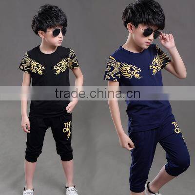 custom wholesale good quality summer boy t shit suit with printing dragon children shirt