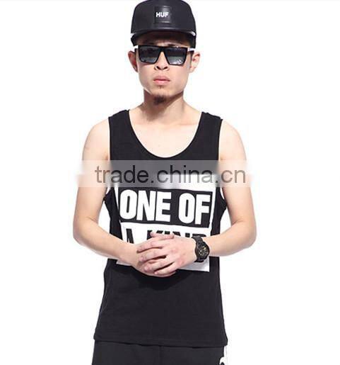 2015 wholesale black printed men gym tank tops in bulk