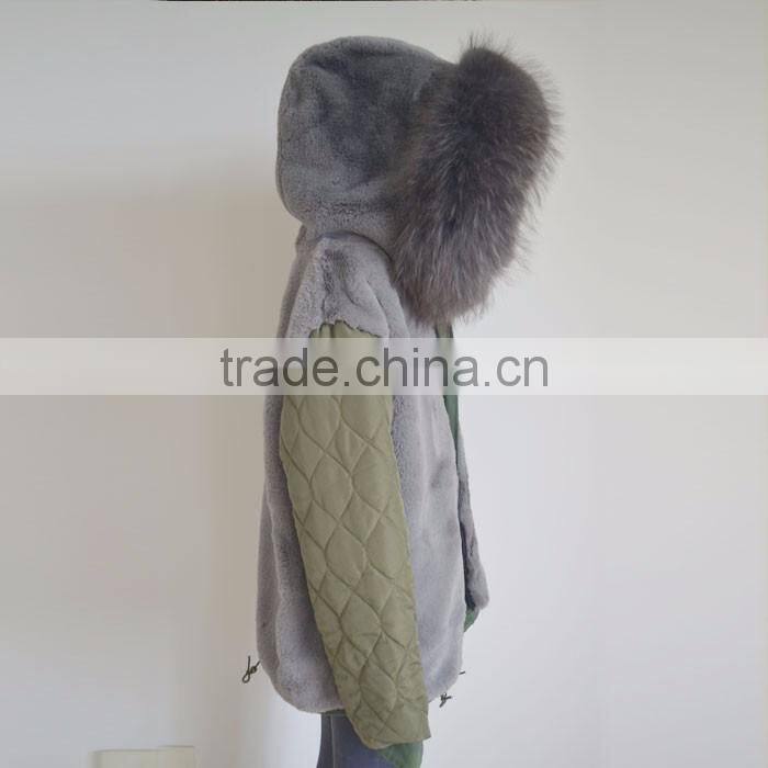 Myfur Customized Army Green Shell Parka Coat with Real Fur Hooded Faux Fur Lining